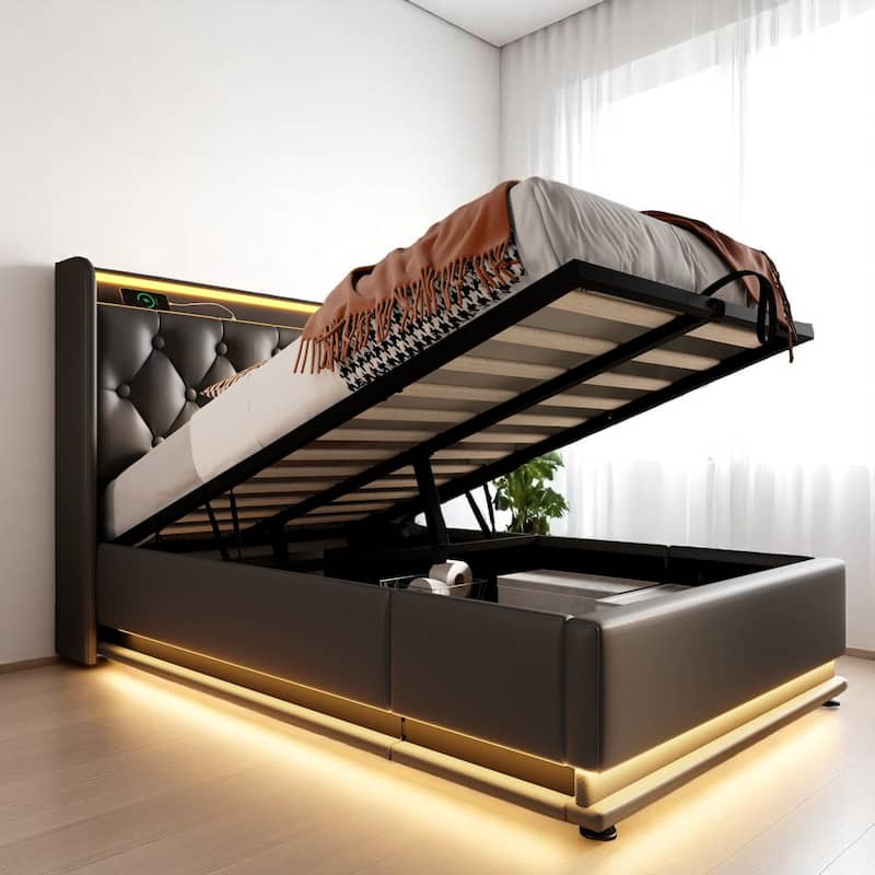 Twin/Full/Queen/King Upholstered Storage Bed with 360掳 LED, USB Type-C Charging, Remote/App Control, Black PU