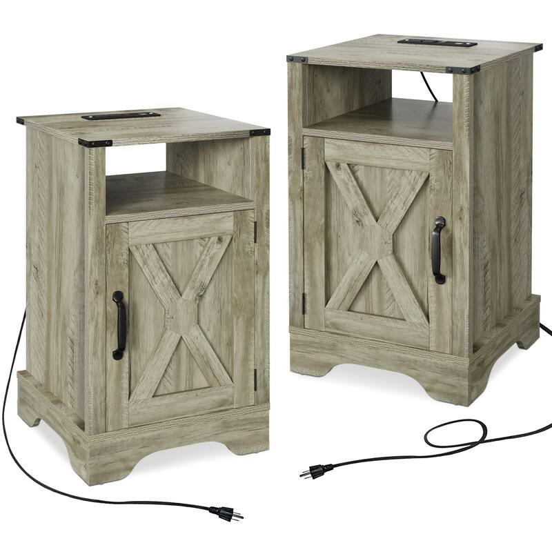 Rustic Wooden Nightstand with Charging Station, 2 Sets, Light Gray