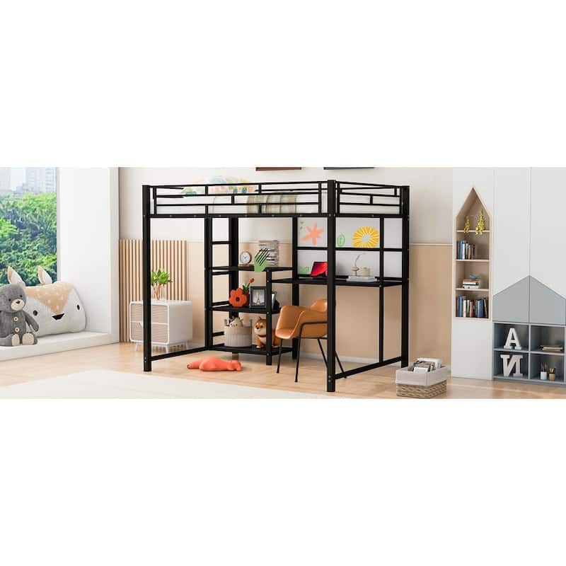 Metal Loft Bed with Shelves, Desk, Whiteboard & Ladder