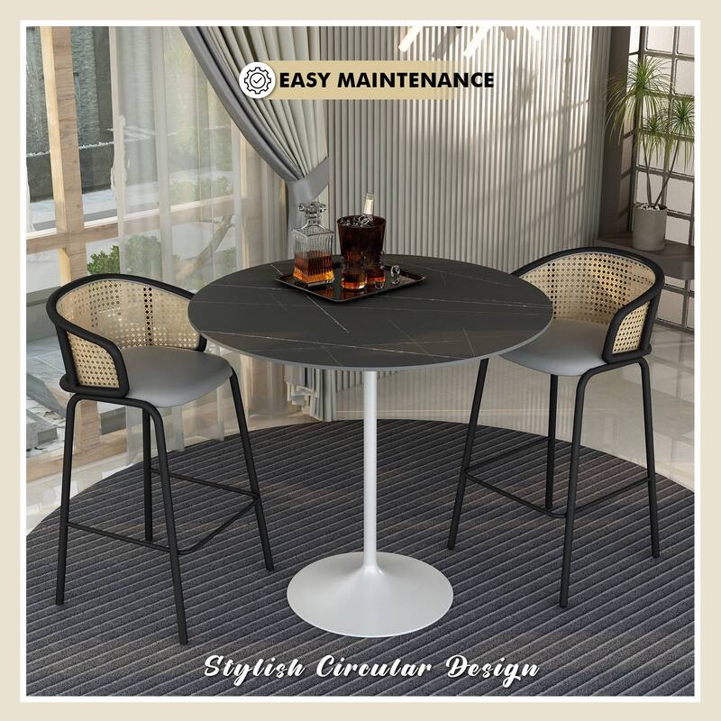 LeisureMod Verve 48" Round Bar Dining Table with Stone TableTop and White Steel Base for Kitchen & Dining Room