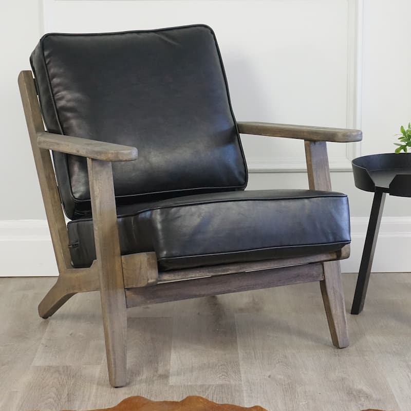 Clara Solid Oak Leather Accent Rustic Coastal Lounge Chair