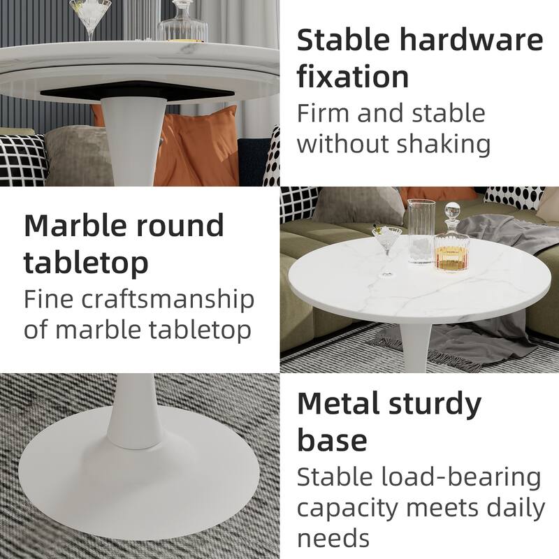 27.6-Inch Mid-Century Modern Style Dining Table, Accommodates 2-4 People, Featuring A Round White-Veined Marble Tabletop