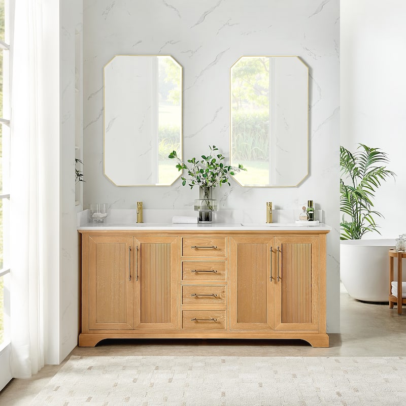 Tokyo Bath Vanity with Quartz Stone Top without Mirror - 72in. - Oak Natural Brown