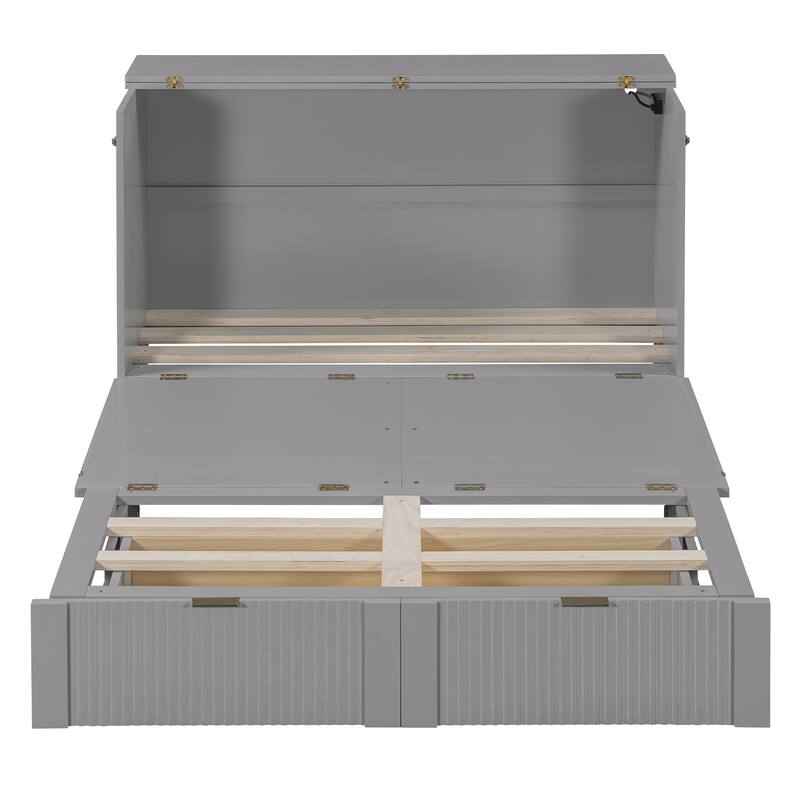 Space-Saving Queen Size Murphy Bed with Drawer, USB Ports, and Pulley Mechanism, Convertible Wall Bed with Flexible Slats