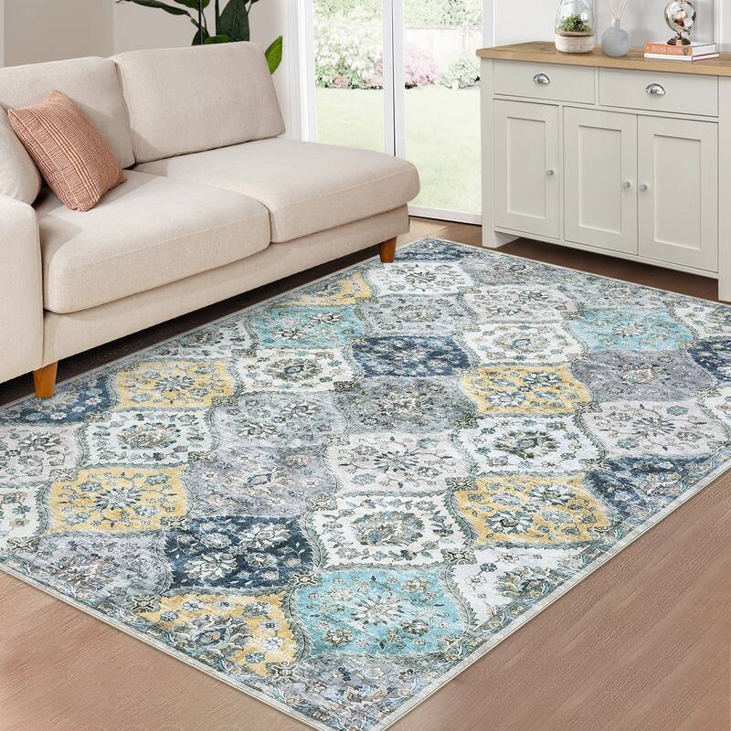 Rugs for Living Room Vintage Oriental Trellis Area Rug Soft Non Slip Low Pile Accent Rugs for Dining Room Office - 8'x10' - Blue Yellow