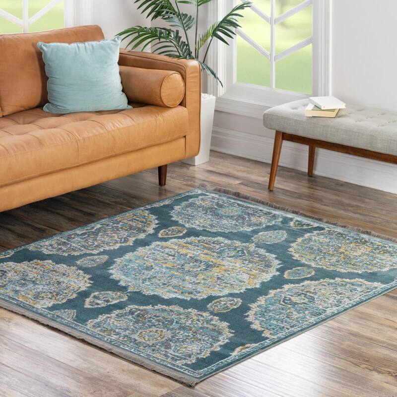 Transitional Laka Collection Area Rug - Gray and Blue - 5'5" Square