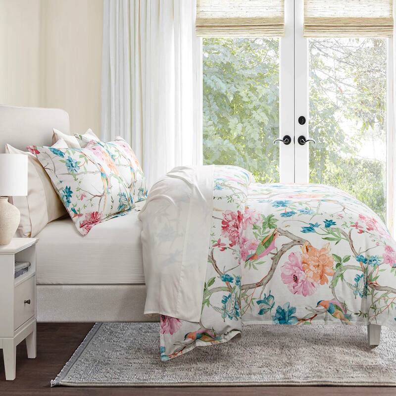 HiEnd Accents Rowan Washed Linen Watercolor Botanical Floral and Birds Design 3 Piece Duvet Cover with 2 Pillow Shams