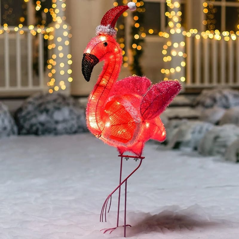3FT Tall Multicolored Tinsel Flamingo with Christmas Hat Warm White LED Lights, Indoor Outdoor Christmas Decoration - Red