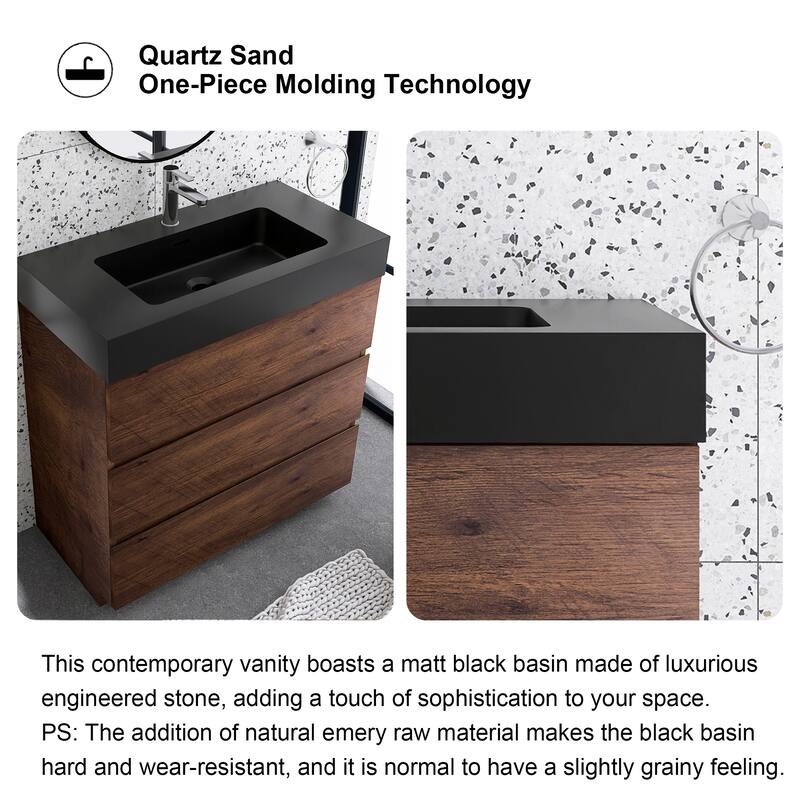 Freestanding Bathroom Vanity with Black Solid Surface Top