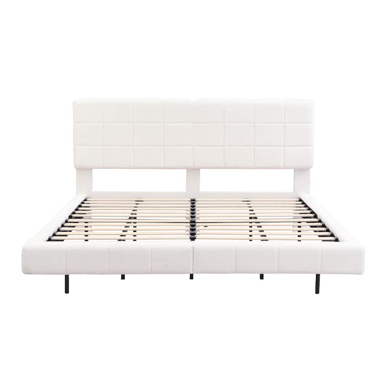 Floating Platform Bed Frame with LED Lights, Headboard, Modern Upholstered Boucle Fabric Bed with Checkerboard Design