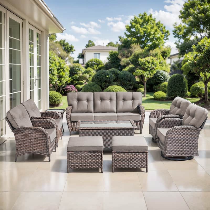 TWrap 9-Piece Patio Brown Wicker Sofa Conversation Set with 5-Inch Thick Cushions - Brown/Gray - 9-Piece
