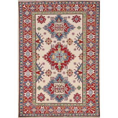 Kazak Oriental Area Rug Handmade Geometric Beige Wool Carpet - 5'0" x 7'3"