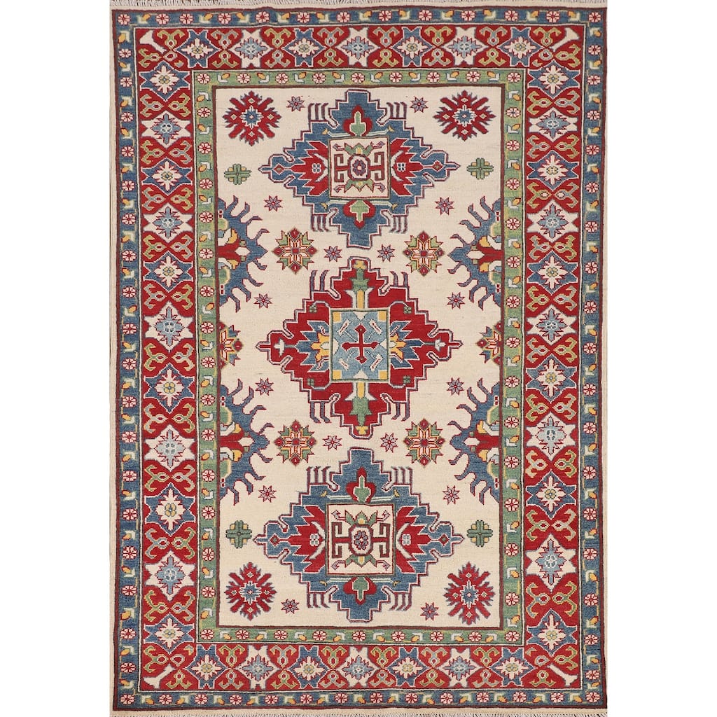 Kazak Oriental Area Rug Handmade Geometric Beige Wool Carpet - 5'0" x 7'3"
