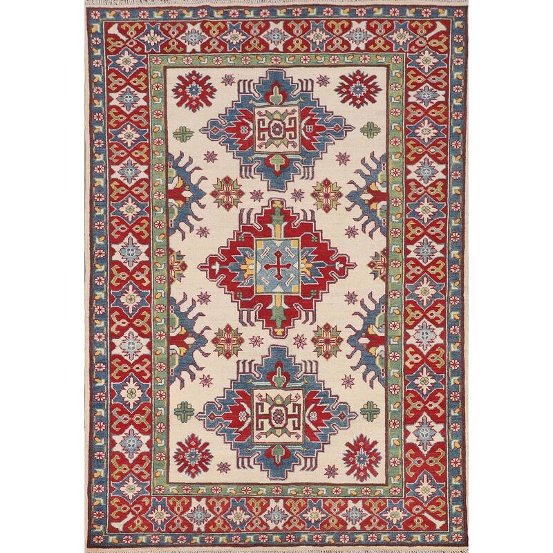 Kazak Oriental Area Rug Handmade Geometric Beige Wool Carpet - 5'0" x 7'3"