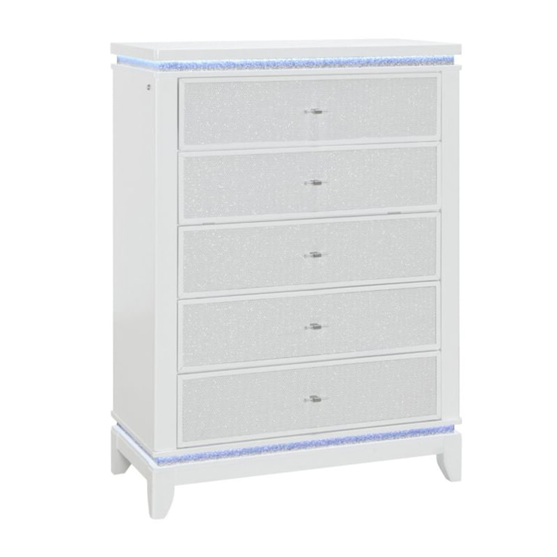 HomeRoots 36" White Faux Crystal Glitter Wood Lighted Five Drawer Dresser