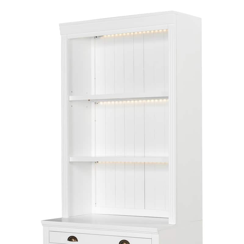 83.4" Tall Bookshelf with LED Lights, 2 Glass Doors & 1 Drawer for Living Room, Home Office