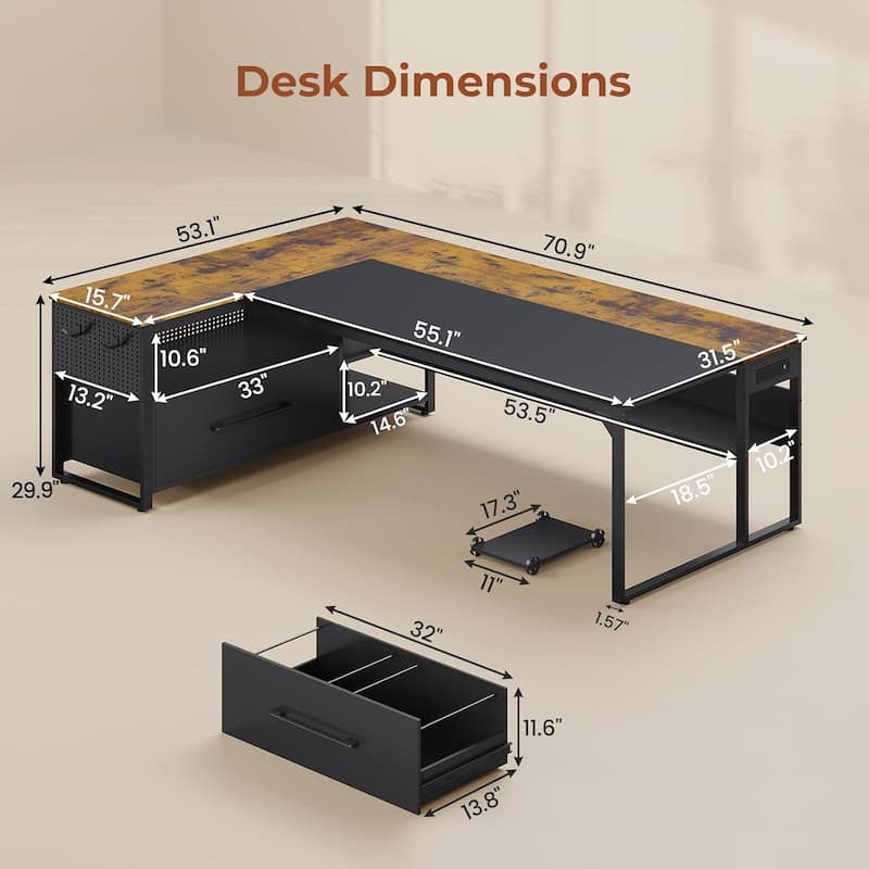 Executive Desk L Shaped Desk File Drawers Power Outlets Computer Desk