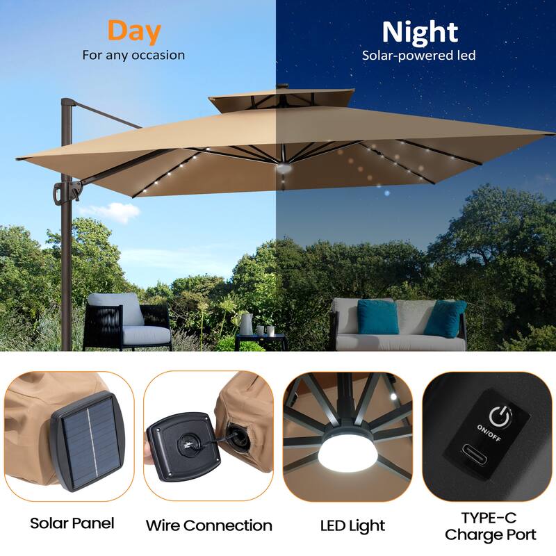 VredHom Solar LED Light 11FT Square Outdoor Cantilever Patio Umbrella without Base