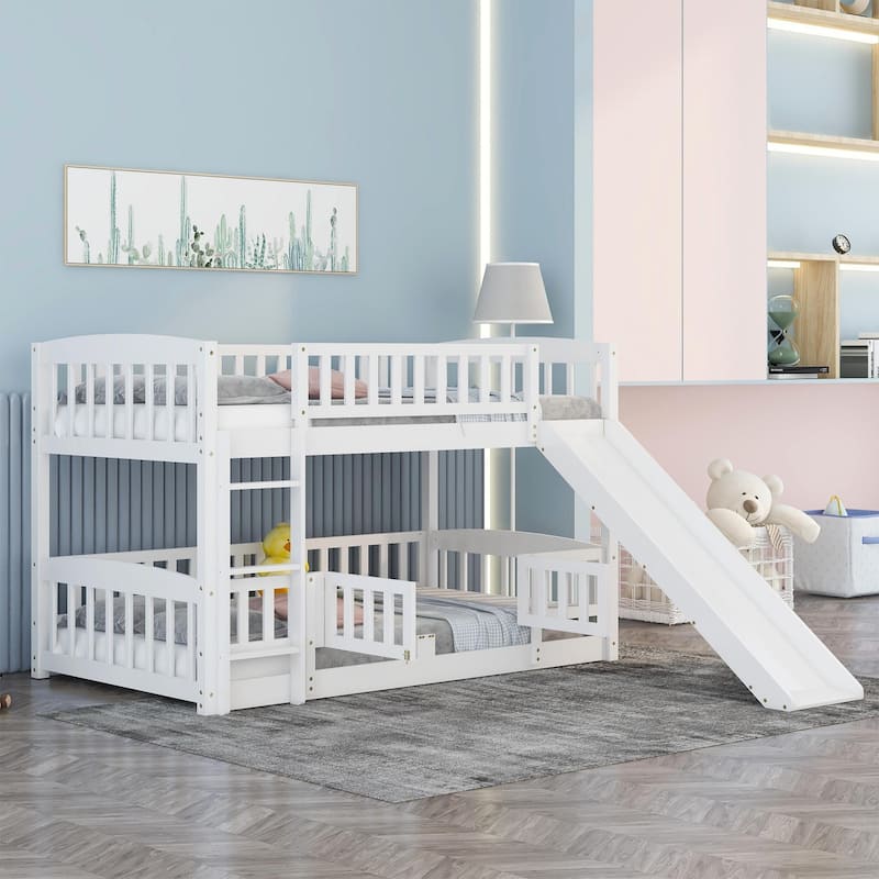 Solid Wood Low Bunk Bed with Slide,Fence and Ladder
