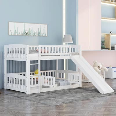 White Pine Wood Bunk Bed with Convertible Slide, Ladder, and Fence Door