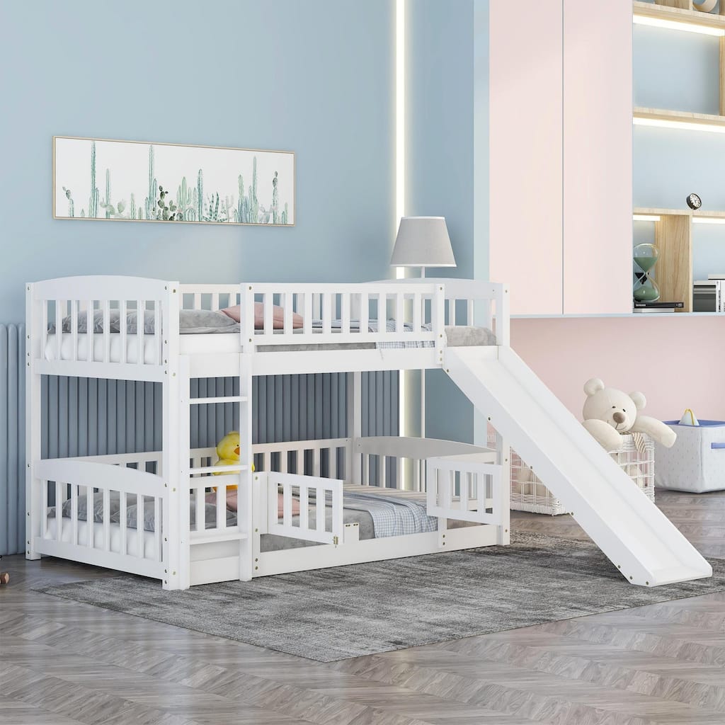 White Pine Wood Bunk Bed with Convertible Slide, Ladder, and Fence Door
