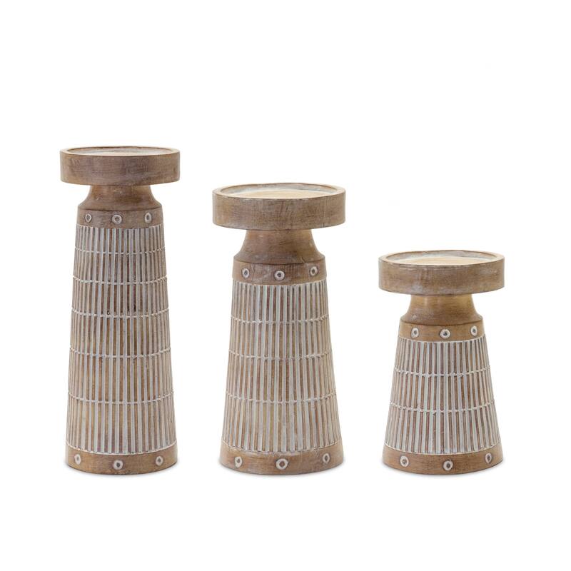 Set of Three Natural and White Polyresin Geometric Tabletop Pillar Candle Holders - One Size