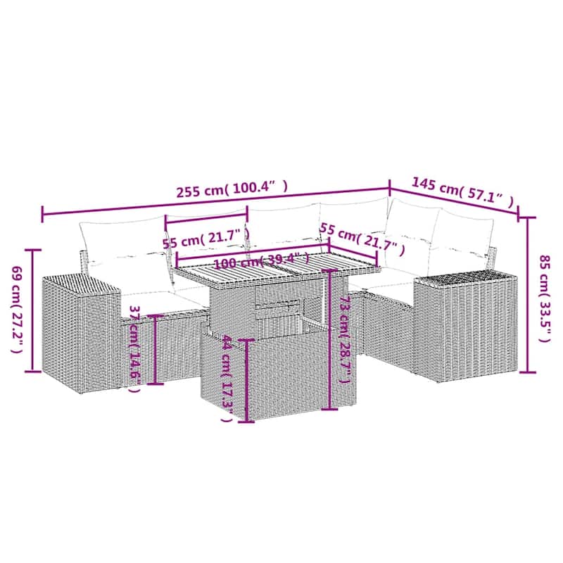 vidaXL Patio Sofa Set with Cushions Outdoor Furniture 6 Piece Poly Rattan - 24.4 x 24.4 x 27.2