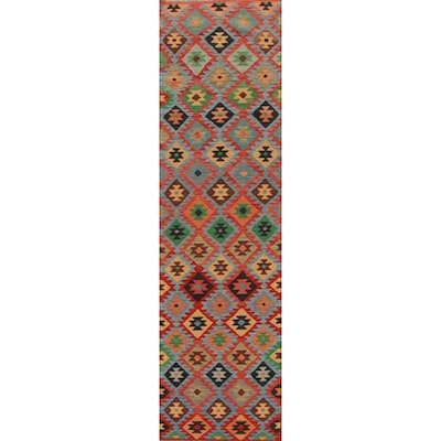 Hand Woven Oriental 100% Wool Carpet Southwestern All-Over Multi-Colored Kilim Runner Rug - 13' 0'' X 2' 7''