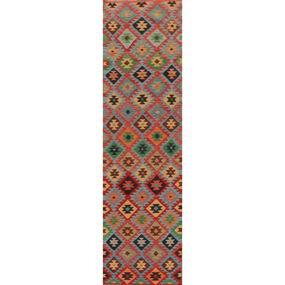 Hand Woven Oriental 100% Wool Carpet Southwestern All-Over Multi-Colored Kilim Runner Rug - 13' 0'' X 2' 7''