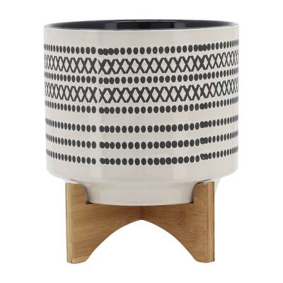 10" Aztec Planter with Wood Stand, Gray 12.0"H - 10.0" x 10.0" x 12.0"