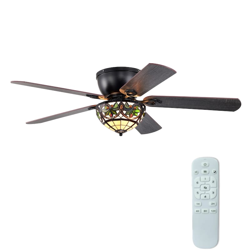Peacoo 52-Inch Flushmount Lighted Ceiling Fan Ivory Leaf Berry Tiffany Glass Lamp Black Finish - Ivory