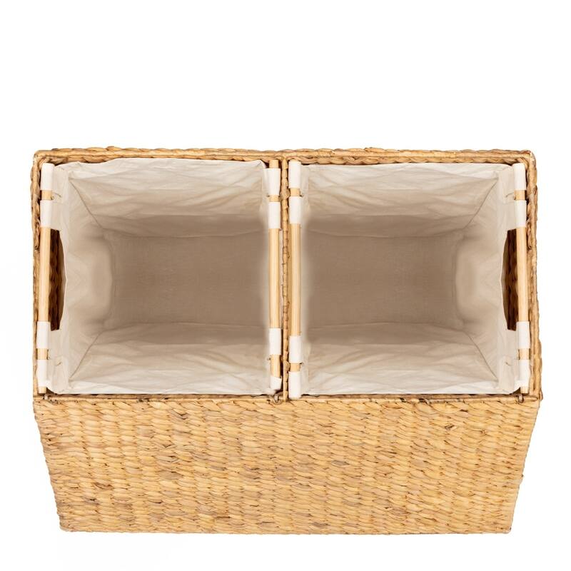 Natural Water Hyacinth 2-Bin Laundry Hamper with Lid and Canvas Liners - 27.5"L x 13.5'W x 27"H