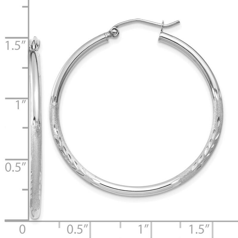 Curata 14k White Gold Satin and Sparkle Cut Round Hoop Earrings - 35x35mm