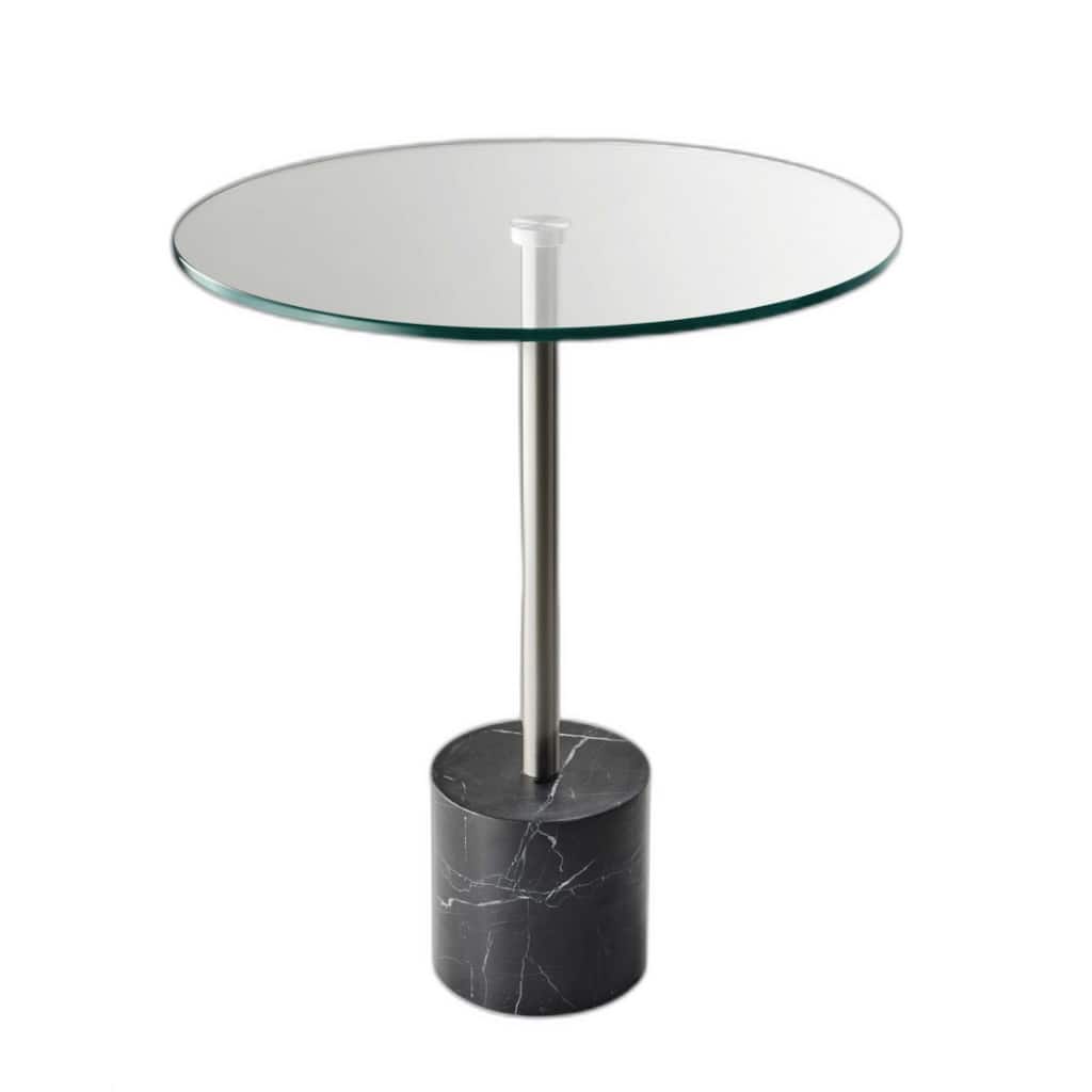 Silver and Clear Round Glass End Table with Faux Marble Base - 17.75” x 17.75” x 21”