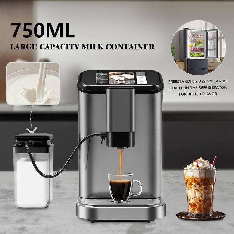 Automatic Espresso & Coffee Machine with with Grinder & Milk Frother, Silver + Black