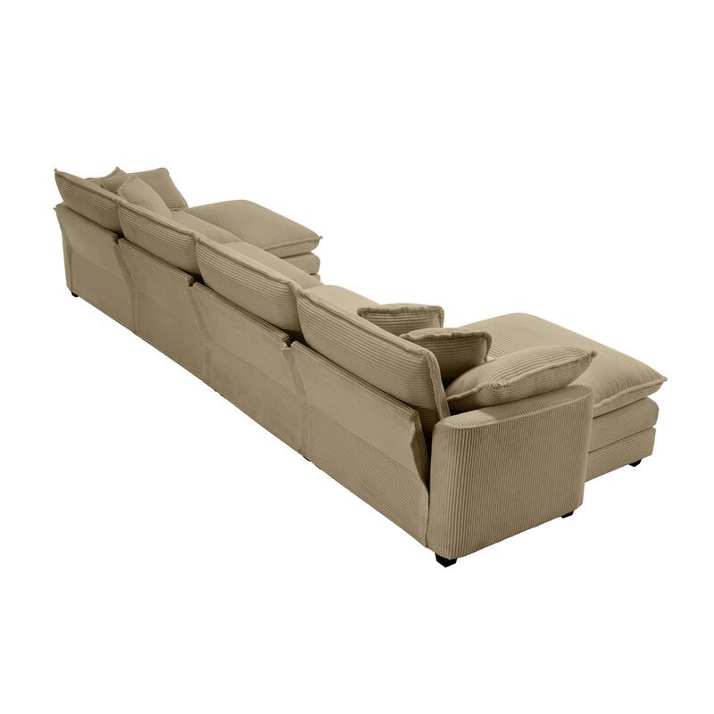 Tan 150" Corduroy Cloud Upholstered Modular U-Shaped Sectional Sofa with 2 Removable Ottoman and Free Combination Design