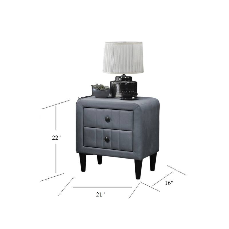 Modern Grey Velvet Nightstand with 2 Drawers and Tempered Legs