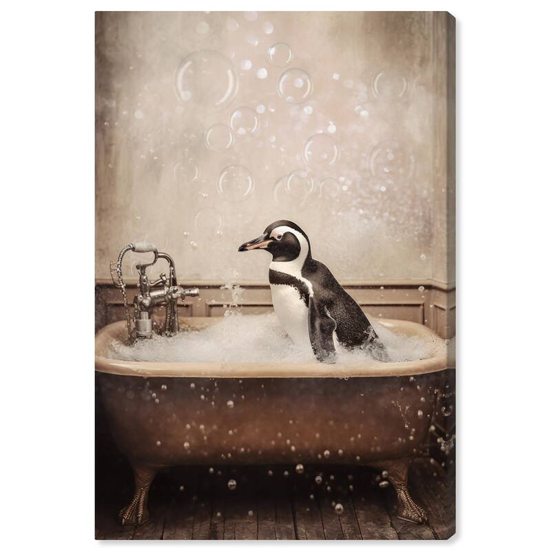 Wynwood Studio Canvas Animals Penguin Bubble Bath Brown and Traditional Wall Art Canvas Print - Brown, White