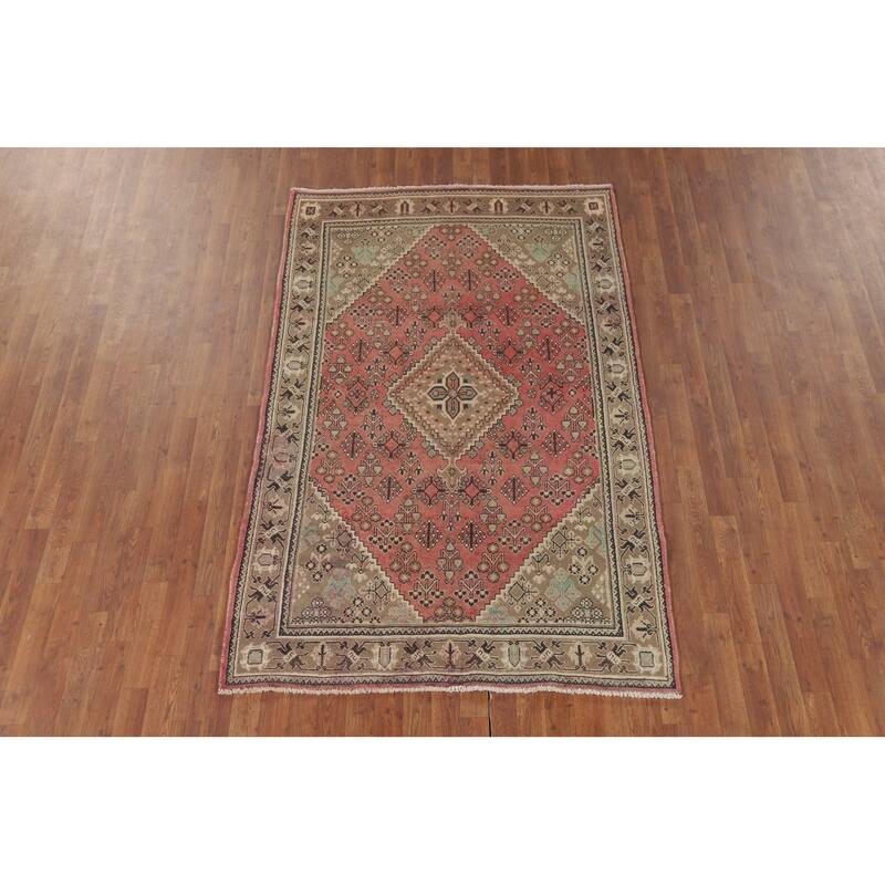 Pink Geometric Joshaghan Persian Vintage Area Rug Handmade Wool Carpet - 4'6" x 7'4"