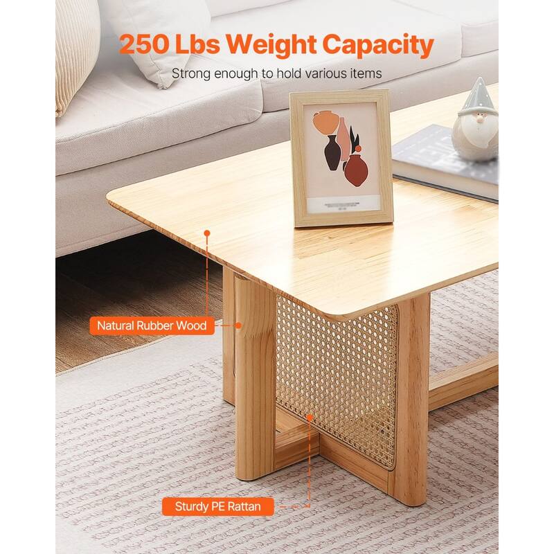 47-Inch Modern Rectangle Rattan Coffee Table with Rubber Wood Top Suitable for Any Small Space - 47.2 x 23.6 x 15.7 in