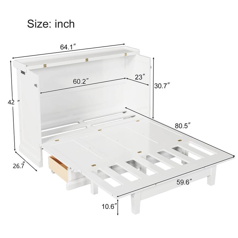 Queen Size Solid Pine Murphy Bed with Charging Station & Storage Drawer