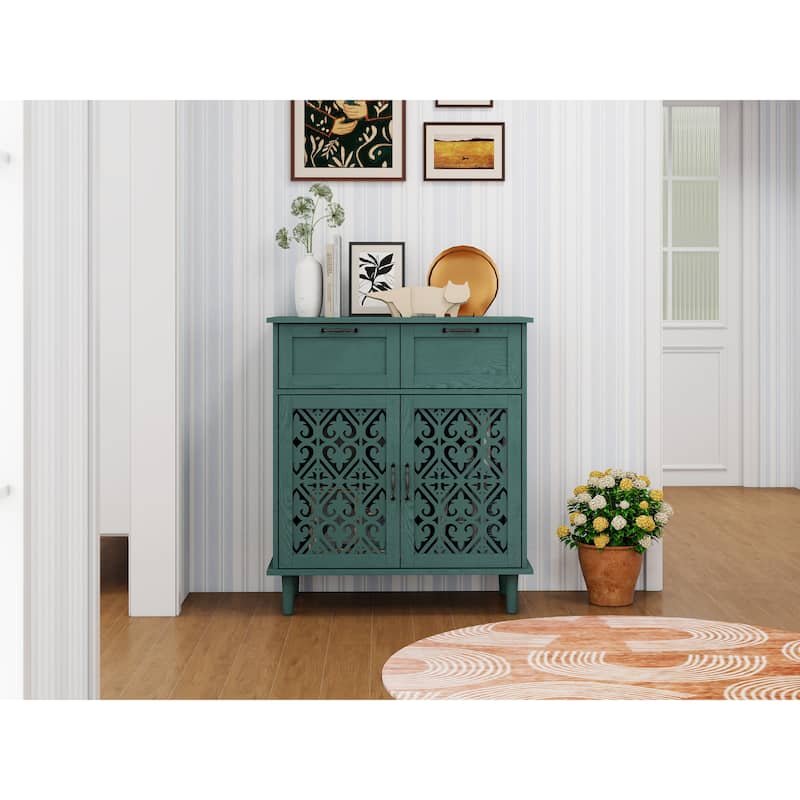 Storage Cabinet with Smooth Drawer Slides & Carved Symmetrical Doors, Accent Cabinet with Adjustable Shelves