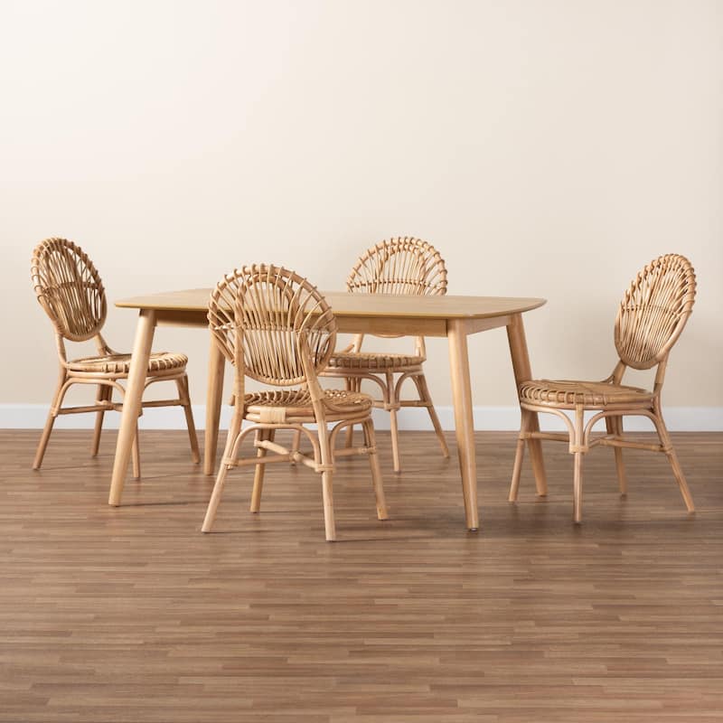 Iris Modern Bohemian Natural Brown Rattan 5-Piece Dining Set
