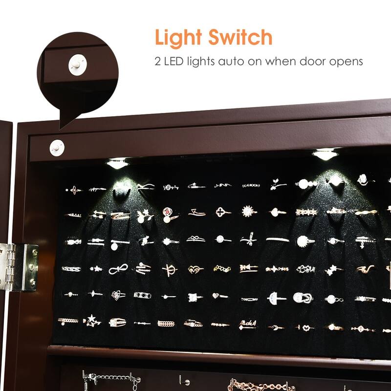 Costway Wall Mount Mirrored Jewelry Cabinet Organizer LED Lights