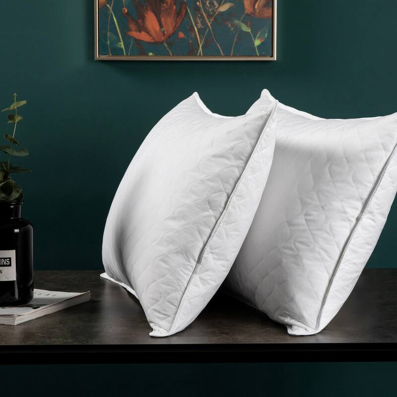 2 Pack Quilted Goose Feather Pillows White Cover