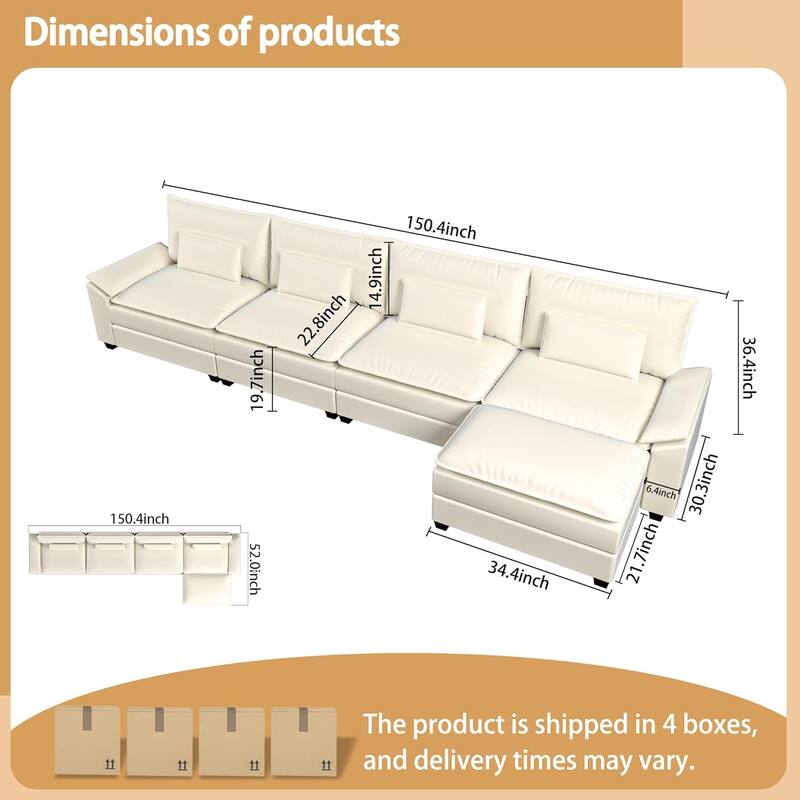 Kullavik Cloud Chenille L-Shaped Sofa, Modular Sectional Sofa with Ottoman, Throw Pillows and Double Layered Cushion