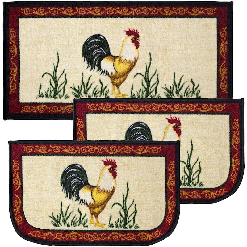 Kashi Home Kitchen Rug, Printed Durable Non Slip Floor Mat, Farmhouse Design 3 Piece Set - 3pc Set (2 18x30 D Shape & 1 20x40) - Dot Rooster