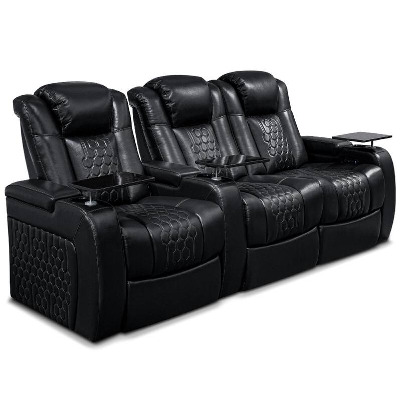 Roomfitters 93.3" Power Recliner 3-Piece Set, Top-Grain Nappa Leather, 17-Color RGB LED & USB-C Charging, Black