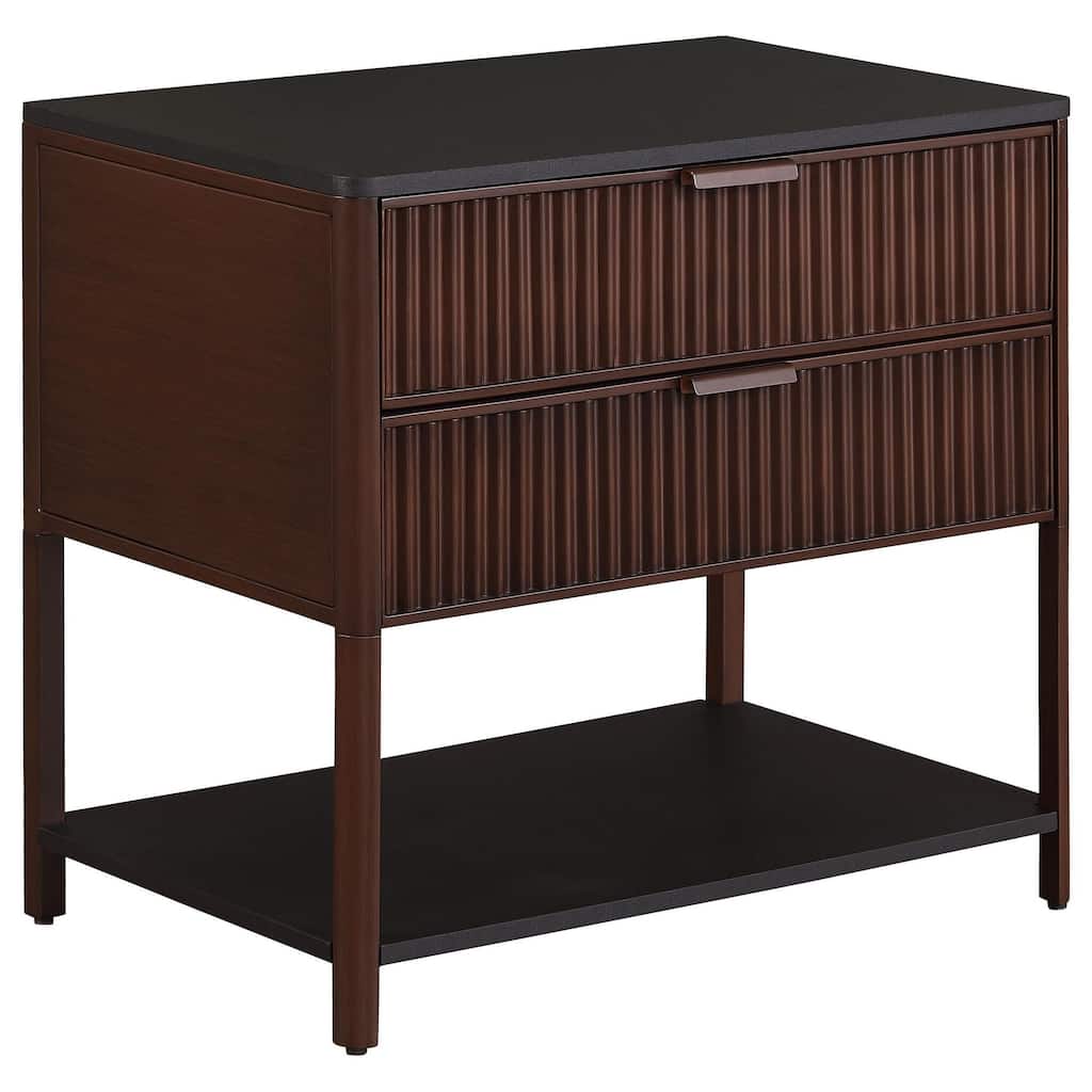 Zemy Side End Table, 2 Drawers, Open Shelf, Black Metal, Rust Brown