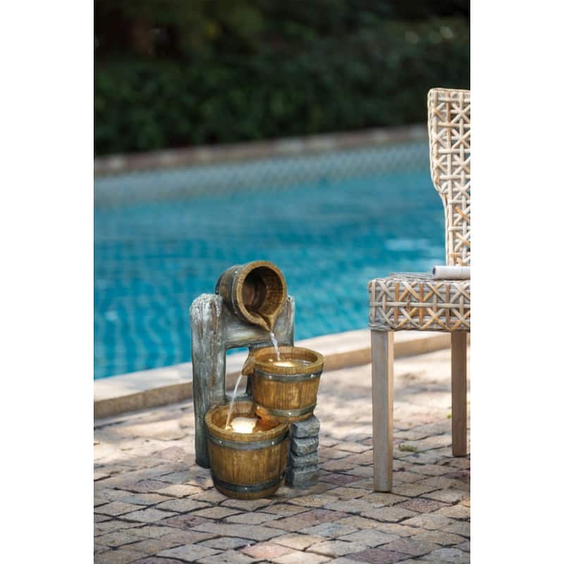 10.4x9.4x19.1" Decorative 3 Tier Bucket Fountain with Lights and Pump, Brown